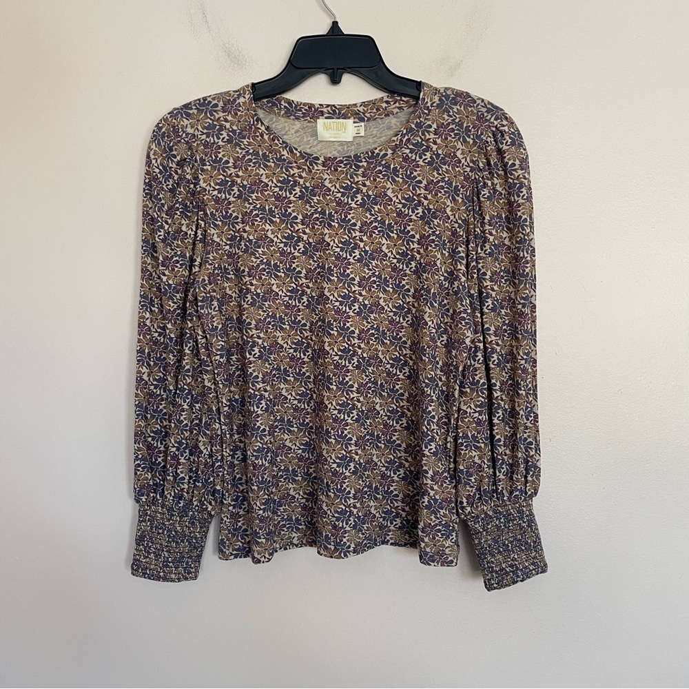 Nation LTD Purple Brown Floral Loren Smocked Peasant Puff Sleeve Top Medium